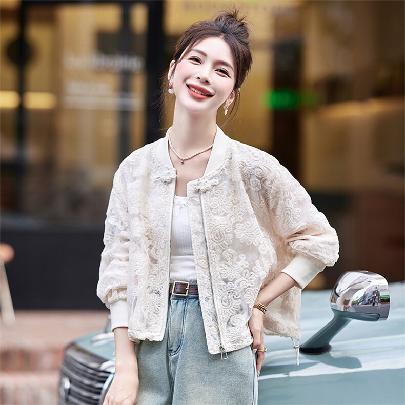 国风蕾丝刺绣棒球服外套女2024春夏新款小个子宽松百搭薄款防晒衣,女装短外套,大掌柜