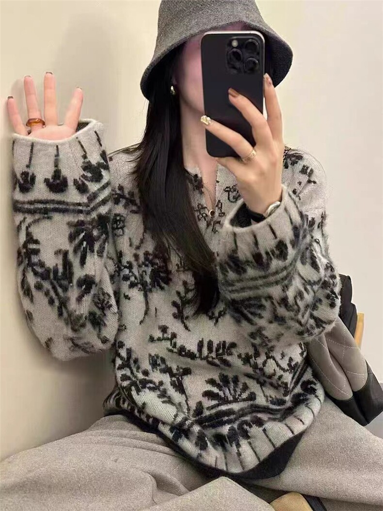 2025年秋季常规单件长袖剪刀V领提花撞色套头上衣,针织衫/毛衣,北娇羊绒