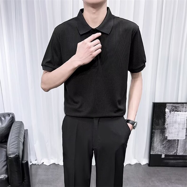 冰丝条纹短袖Polo衫男2024新款夏上衣潮流高级感纯色翻领t恤D88,男装Polo衫,星座1116A-2（原606A-1）