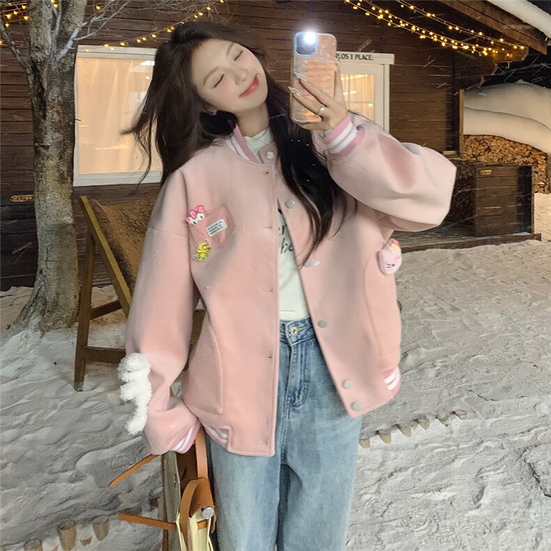 雪景甜美粉色毛呢棒球服（玩偶可拆卸）,女装毛呢外套,天使之佳话