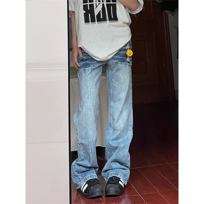 浅蓝色闪电纹弯刀牛仔裤男款夏季美式高街vibe裤子潮牌直筒微喇裤,男装牛仔裤,星座1007（原301D）
