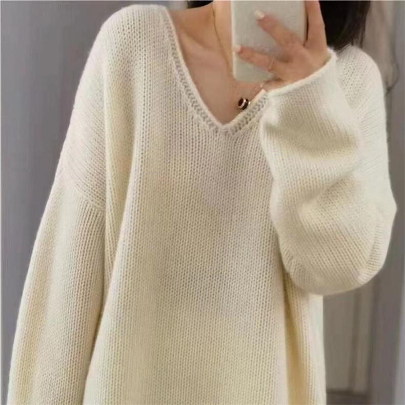 秋冬季V领宽松慵懒显瘦时髦百搭款针织衫上衣，女装针织衫/毛衣，半城羊绒