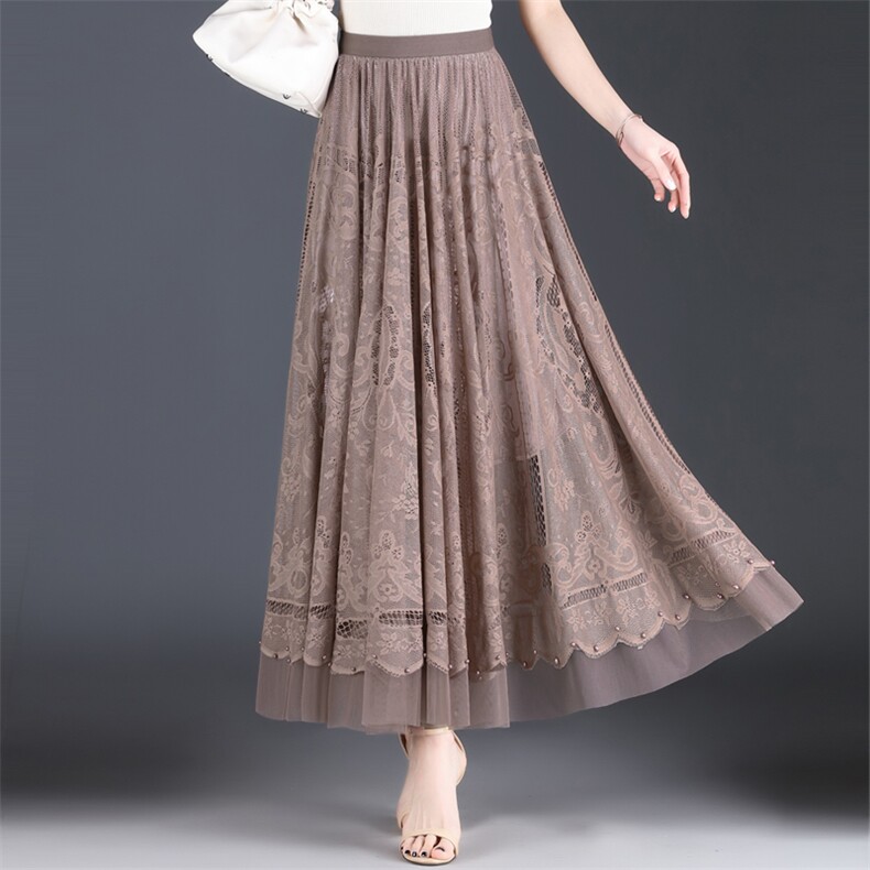 蕾丝半身裙垂感洋气镂空高腰遮肉大摆裙a字裙高腰长裙遮肉大摆裙，女装半身裙，灵动羽绒服工厂