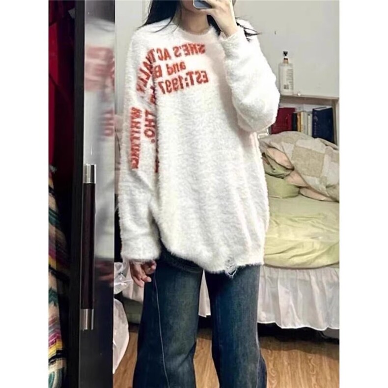 美式街头植绒字母圆领毛衣男女秋冬慵懒情侣百搭针织衫M9525-P52图片
