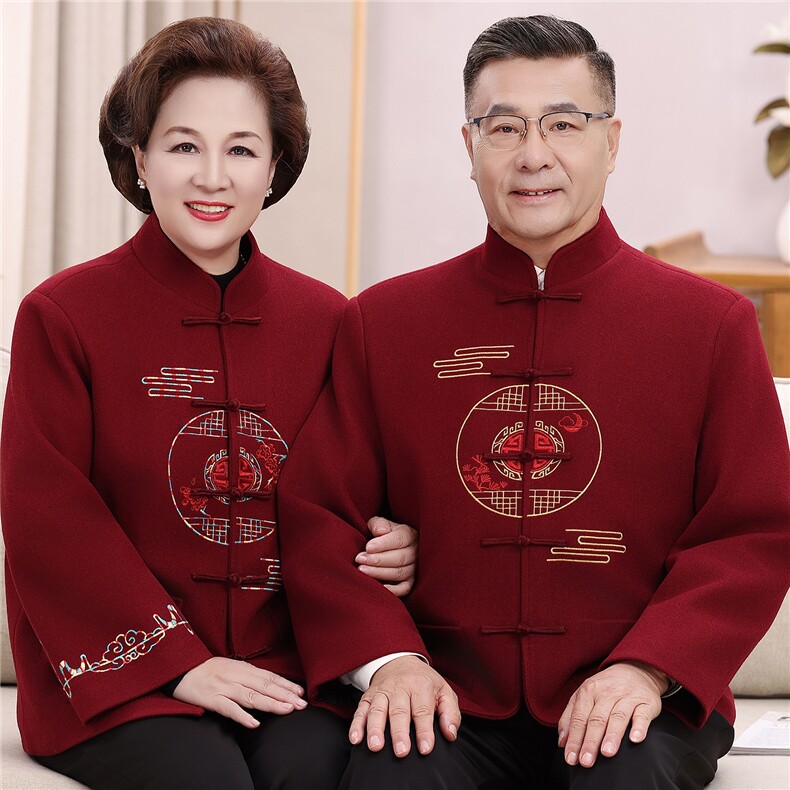 2025情侣加绒羊毛呢中老年唐装外套爸爸妈妈喜庆生日婚宴唐装外套,男装民族服装,钱塘723