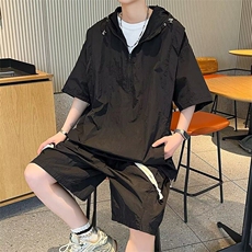 工装短袖套装男士夏季薄款休闲连帽速干防晒衣户外骑行运动服T05，男装休闲套装，星座310B-1