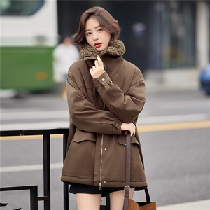 咖色羊羔毛翻领加绒派克服女2025冬季中长款加厚保暖收腰棉服外套图片