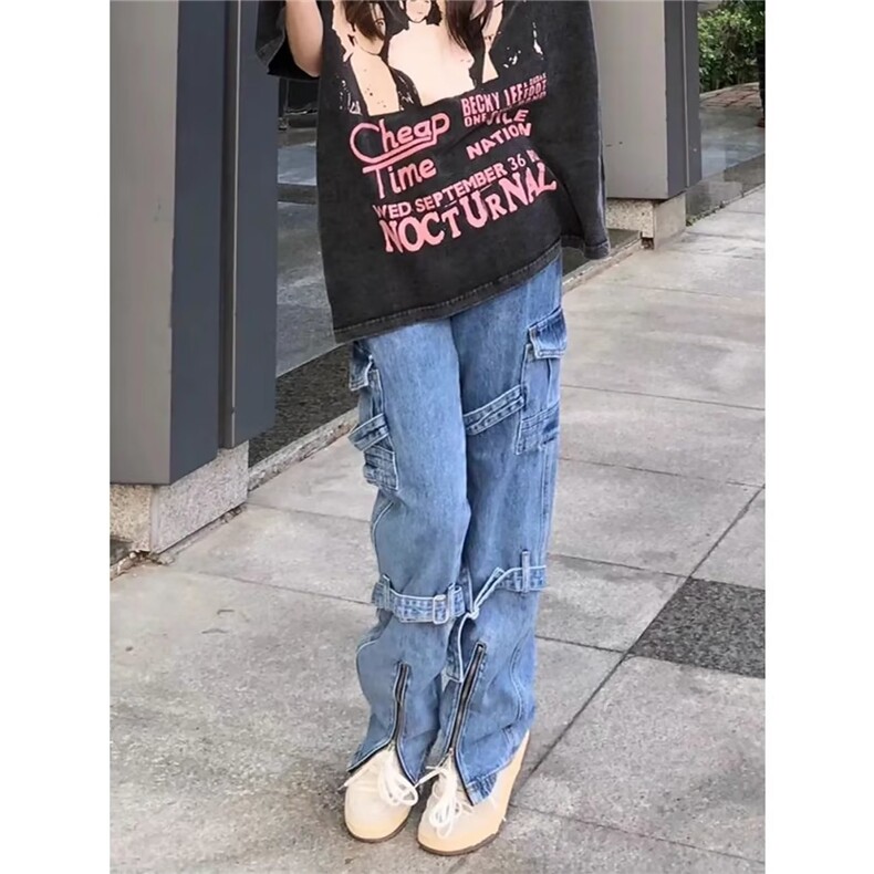 欧美hiphop裤子设计感高级感绑带开叉工装牛仔裤美式高街男拖地裤,男装牛仔裤,星座601-2