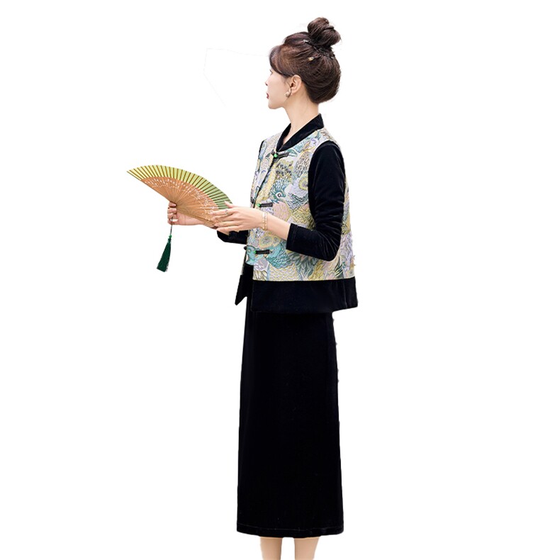 新中式套装裙2026春秋新款高级感气质刺绣丝绒盘扣马甲两件套,女装套装/套裙,关键词