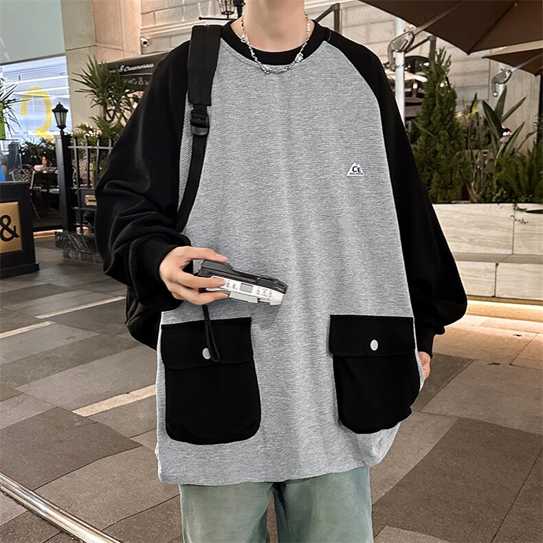 秋款男圆领套头卫衣工装大口袋华夫格贴标拼色T恤外套WY023P50,男装卫衣,星座1013-1