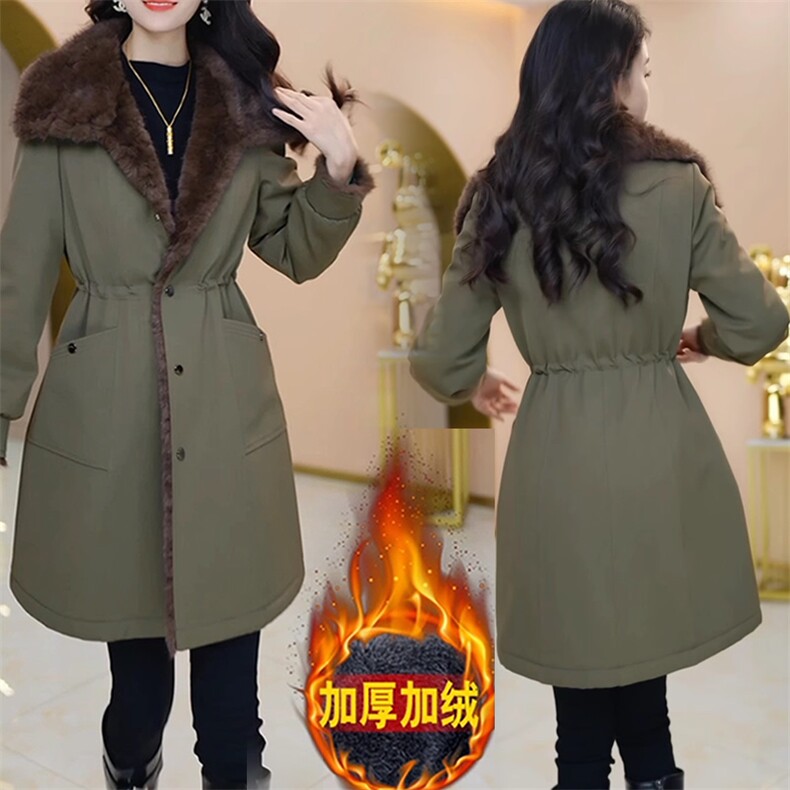 【大货已出】加绒加厚皮毛一体军绿色大衣女高级感皮草保暖外套,女装皮草,韩蔻秀