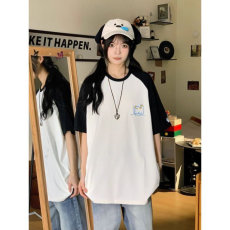 H0747-P35贴布刺绣螺纹领+包边拉肩甜美短袖T恤女，男装T恤，星座617A-2
