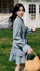 木耳边拼接减龄牛仔套装女2025年春秋季新款显瘦上衣半身裙两件套，女装套装/套裙，2D148