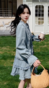 木耳边拼接减龄牛仔套装女2025年春秋季新款显瘦上衣半身裙两件套图片