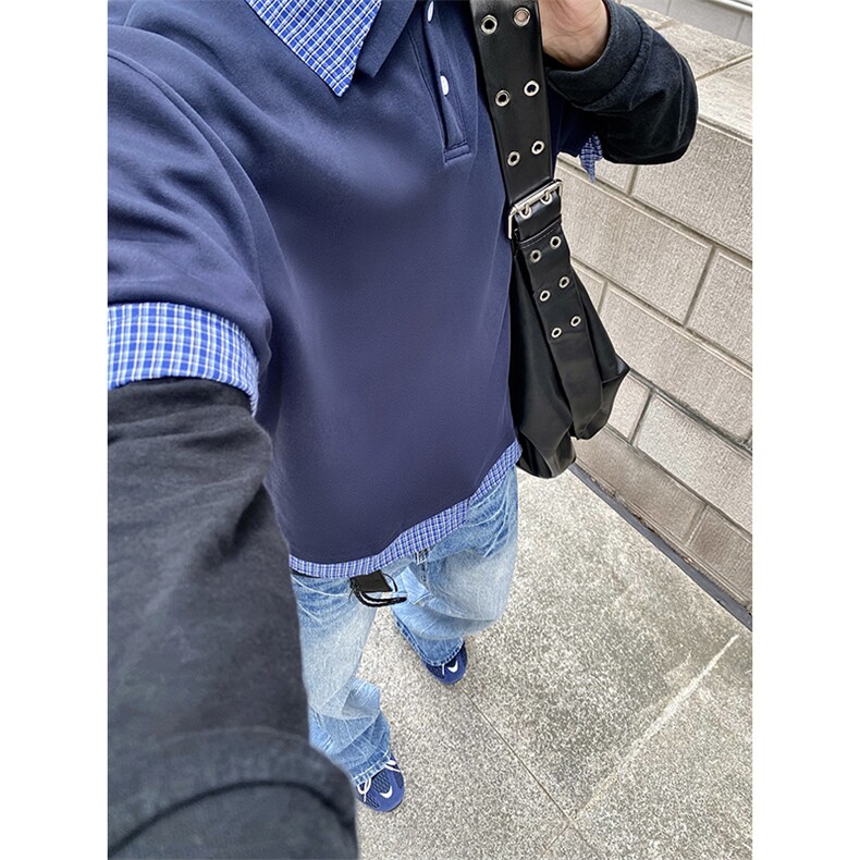 得物抖音高品质二开夏季美式潮牌高街假两件格子衬衣翻领短袖T恤,男装T恤,电商A486