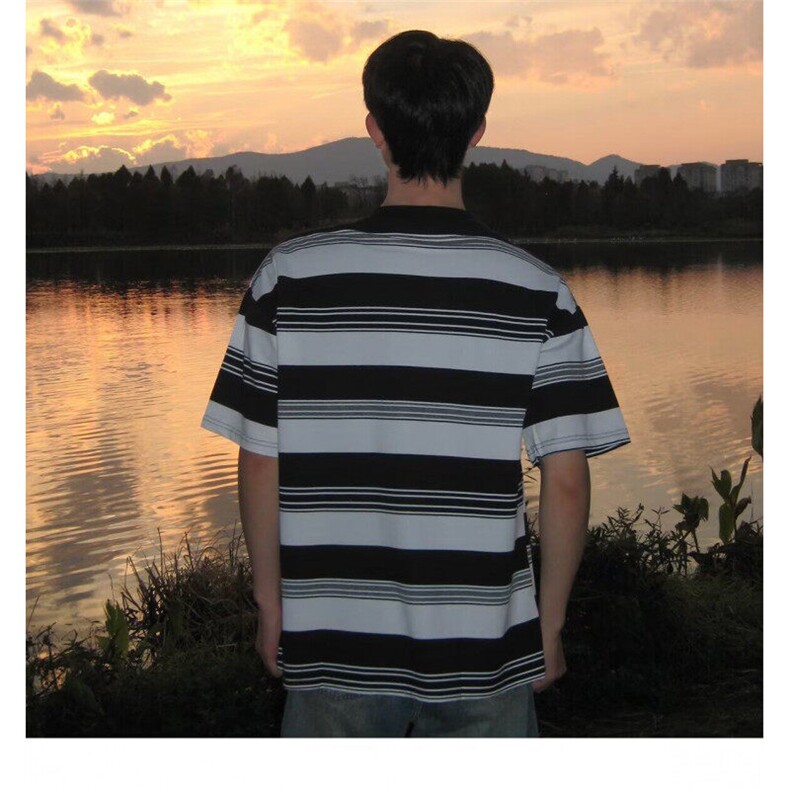 条纹短袖t恤男夏季圆领黑白条纹上衣男日系简约休闲半袖,男装T恤,星座506B
