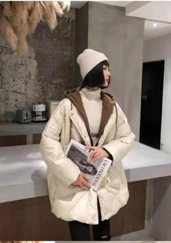 DG859欧洲站时尚拼接假两件中长新款连帽宽松口袋羽绒外套,女装,L·H·X