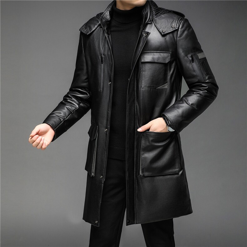 X2292冬季新款男士羽绒牛皮连帽保暖夹克白鹅绒外套P1700,男装皮衣,电商B360