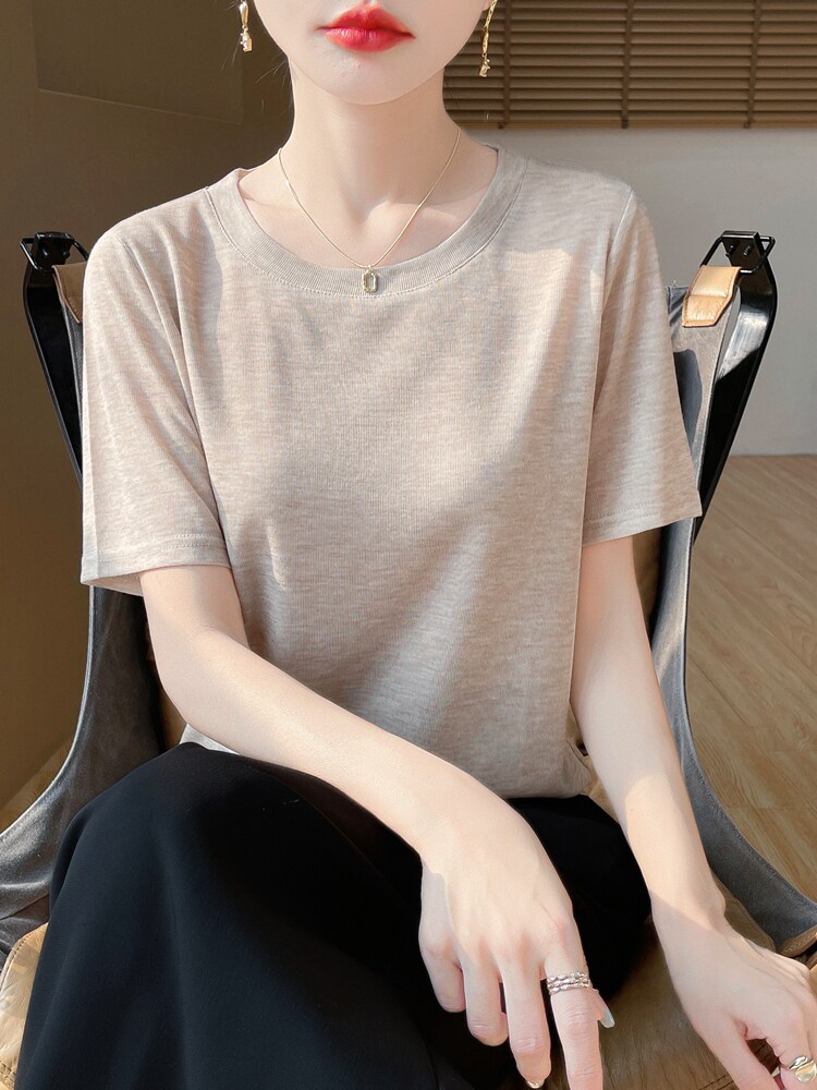 简约圆领百搭显瘦短袖内搭上衣女,针织衫/毛衣,绒宛羊绒