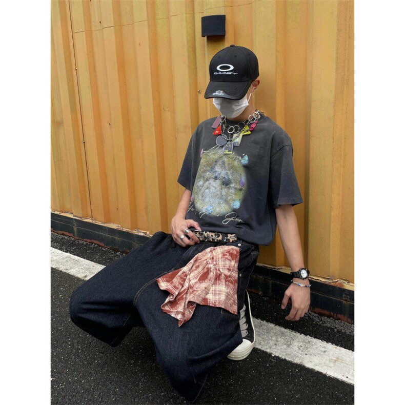 现货-N150-P58黑色牛仔七分裤休闲短裤中裤可拆卸方巾,男装牛仔裤,电商B327