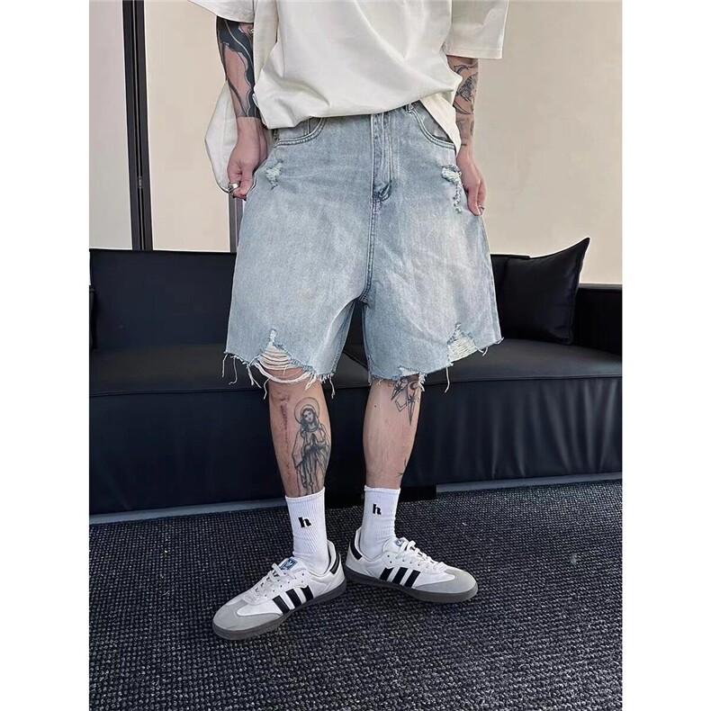美式复古破洞牛仔短裤水洗潮流做旧五分裤网络图,男装牛仔裤,星座410-7
