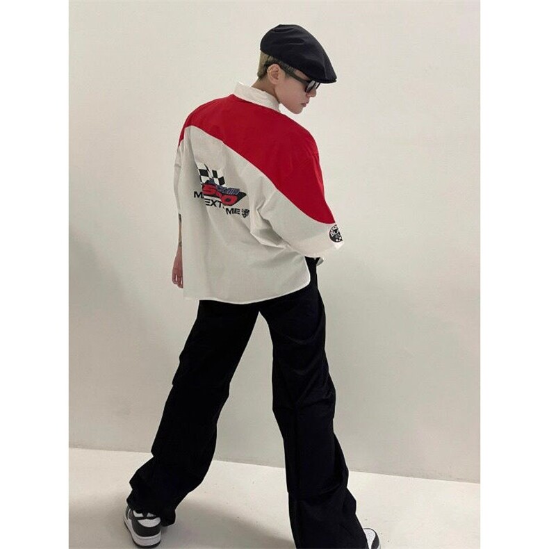 美式高街hiphop嘻哈赛车服短袖衬衫夏季潮牌机车POLO领短袖上衣,男装衬衫,星座506A