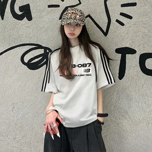 抖音得物高品质二开240克宽松纯棉美式潮牌三条杠织带短袖T恤图片