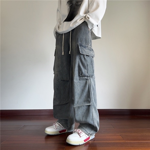 加绒工装牛仔裤男秋冬季美式高街复古潮牌痞帅宽松阔腿休闲长裤子图片