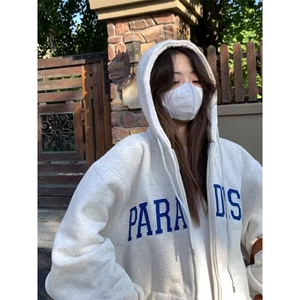 重磅秋冬季美式潮小众慵懒风甜美学院韩版拉链连帽卫衣外套女图片