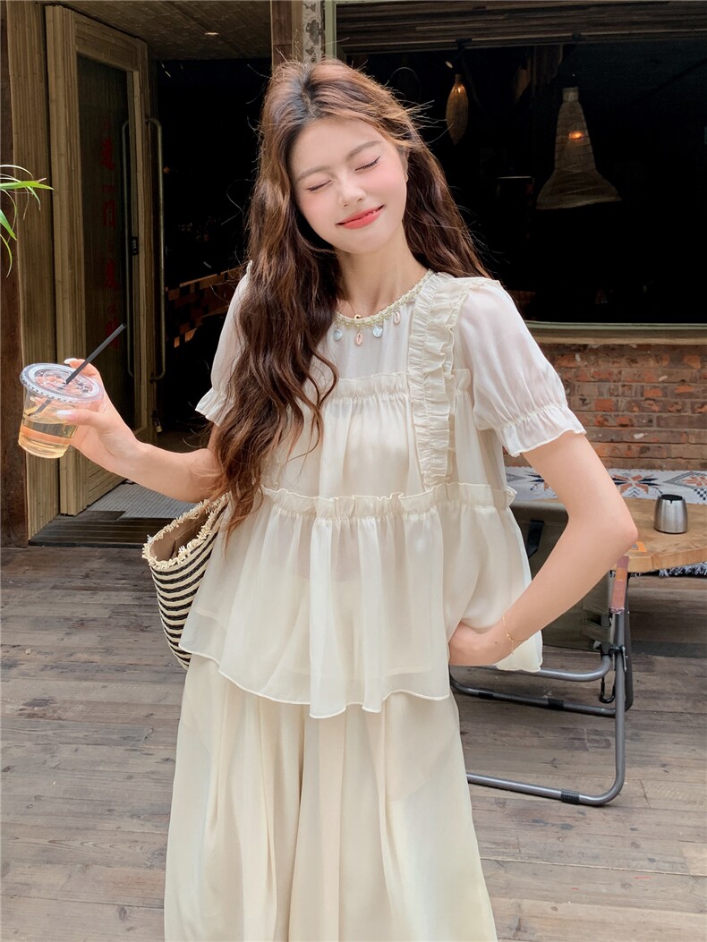超仙时尚雪纺套装女2026夏新款半透减龄无袖木耳边阔腿裙裤两件套,女装套装/套裙,水衣源