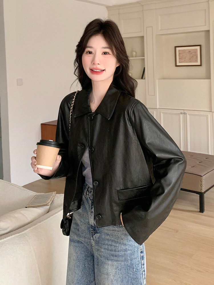 甜酷复古PU皮衣外套女2025早春新款黑色小翻领蛋白皮小个子上衣,女装皮衣,浙宝285（原212）