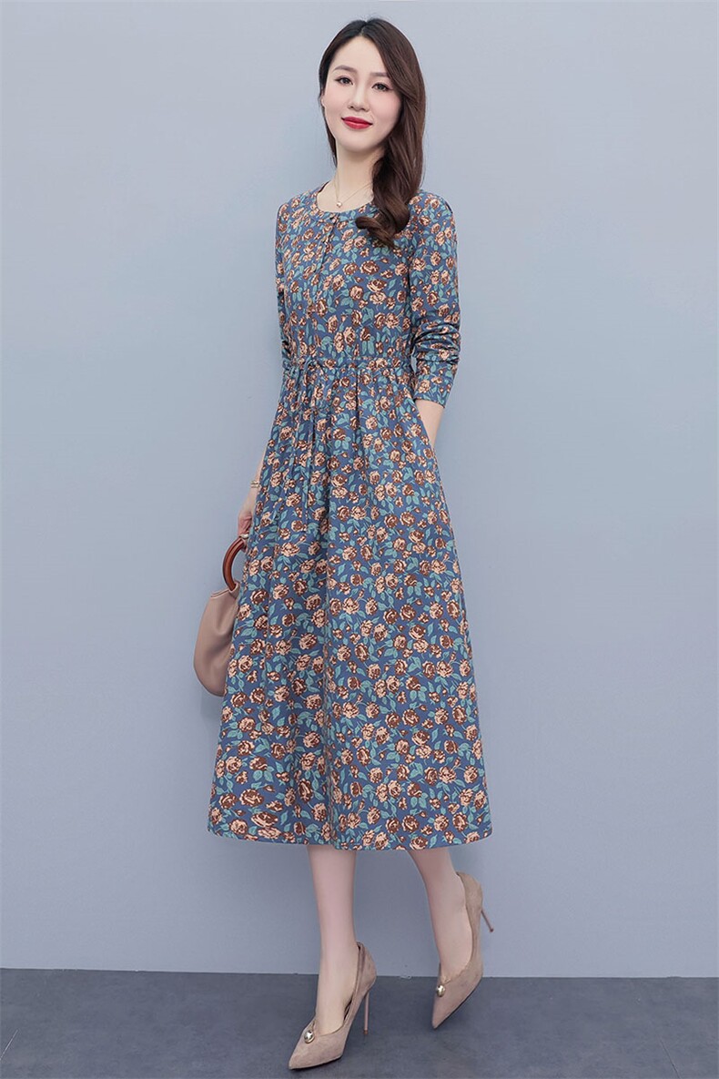 纯棉碎花连衣裙女长袖春秋季气质磨毛棉裙子中年妈妈高端过膝长裙,女装连衣裙,鑫思依格