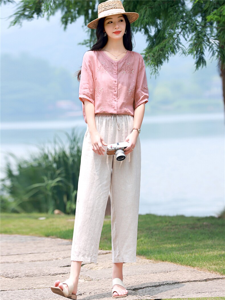 2026夏季苎麻时尚简约大方气质优雅刺绣休闲透气两件套,女装套装/套裙,独衣靓