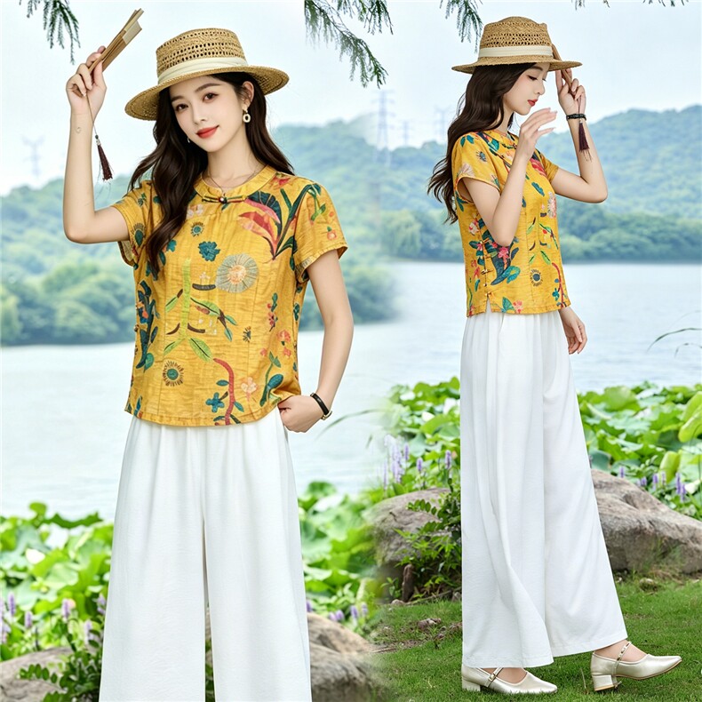 现货！夏季套装2026新款松弛感新中式盘扣上衣服女两件套端庄大气,女装套装/套裙,衣之秀