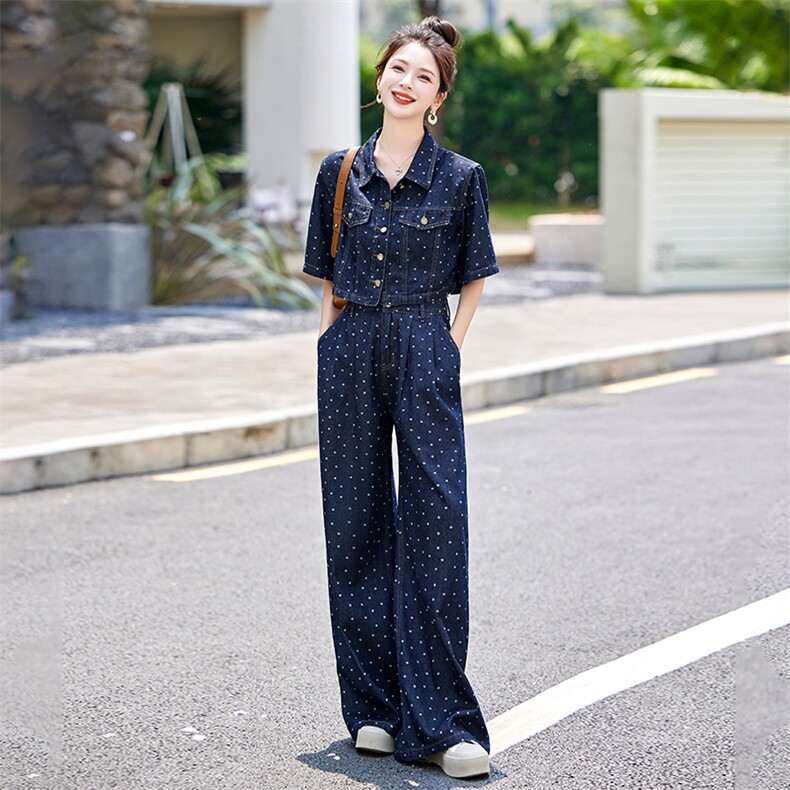 高级感港风薄款牛仔套装女夏2024新款短袖衬衫上衣阔腿长裤两件套,女装套装/套裙,依如秀(原杭风阁)