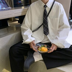 送领带衬衫男长袖ins港风大码宽松休闲痞帅衬衣CS712P35控58,男装衬衫,电商B413-1