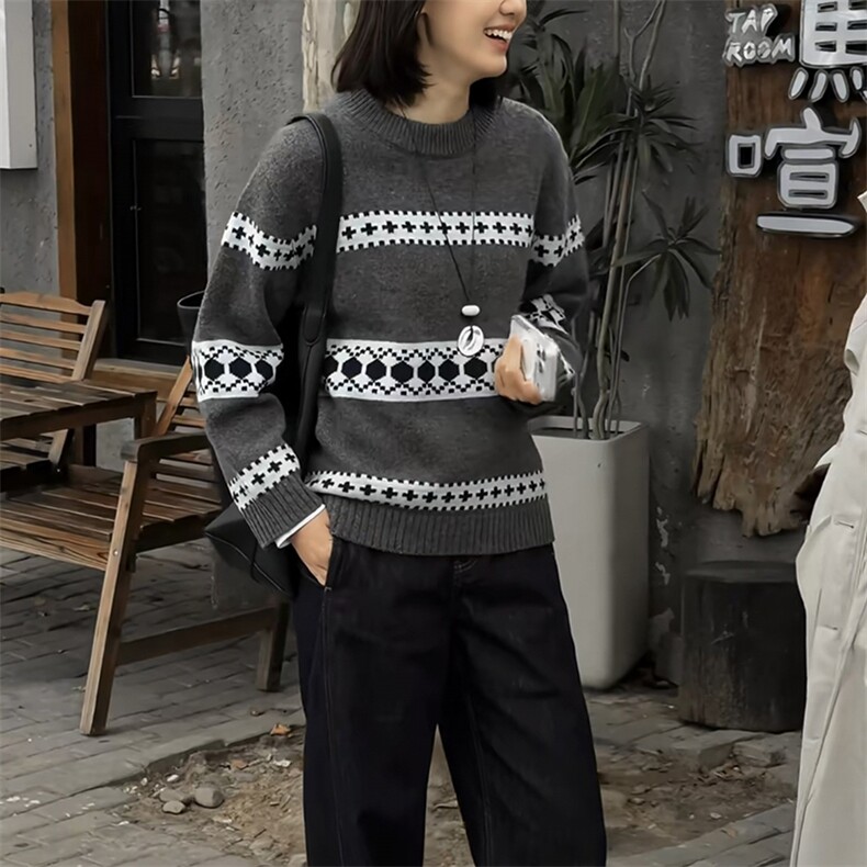 2025年秋季时尚百搭通勤休闲圆领提花套头,女装羊毛衫,新胜羊绒