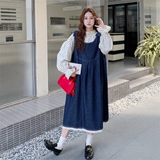 慵懒风减龄波点衬衫牛仔背带连衣裙套装女春秋新款日系宽松两件套，女装套装/套裙，2C056