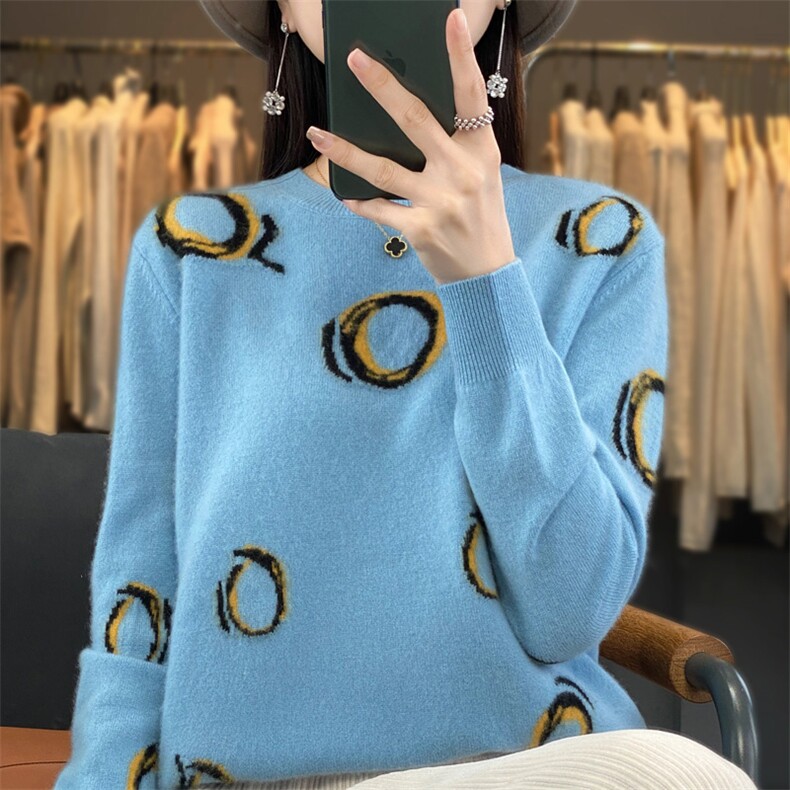 优雅气质圆领衫女款时尚百搭显瘦长袖毛衣,女装羊毛衫,琳华羊绒