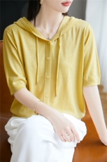 2025夏季新款精纺羊毛帽衫短袖女，女装T恤，晨旭羊绒