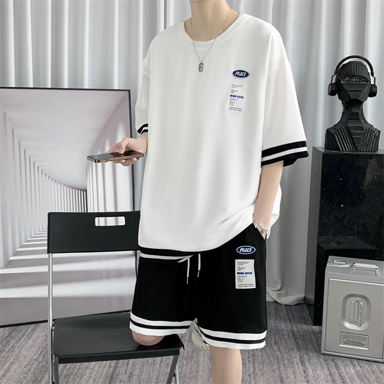 wassuphappy高中初中学生夏季潮流短袖t恤运动套装男款百搭衣服,男装休闲套装,电商A309