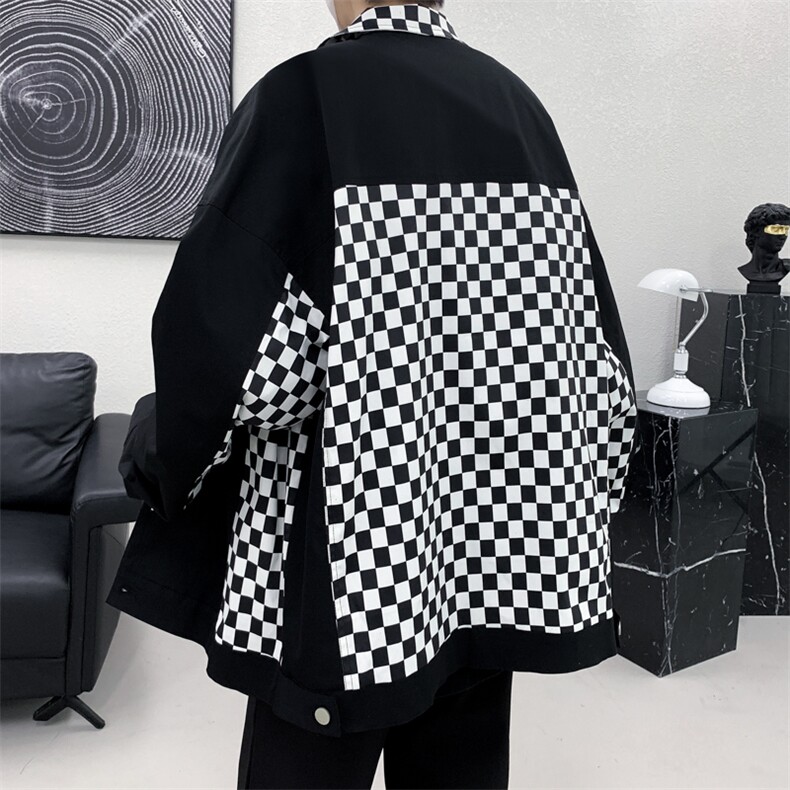 棋盘格拼接夹克男装春秋新款时尚外套潮流百搭宽松上衣JK101-P75,男装夹克,四季星座505