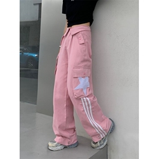 欧美式复古高街裤子hiphop条纹星星工装裤男女翻边设计感宽松秋季，男装工装外套，星座1013