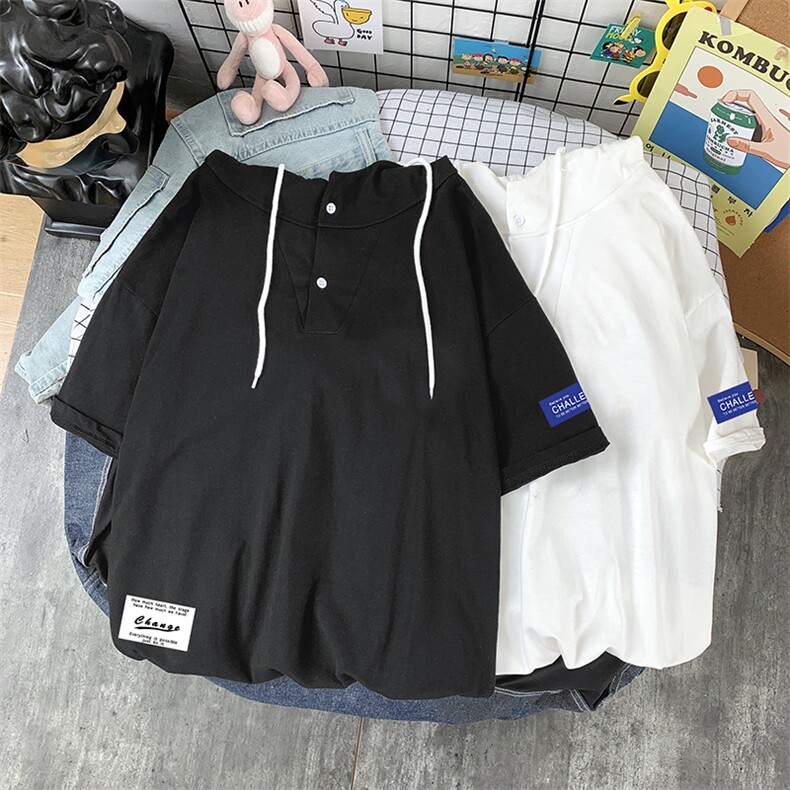 LD54062-P45连帽短袖t恤男大码胖子带帽五分袖中袖,男装T恤,电商A040