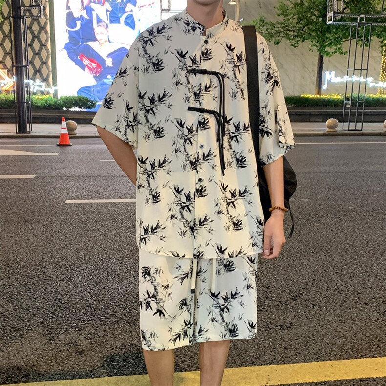 2025夏季新中式冰丝垂感花衬衣宽松休闲五分套装男TZ655-P58控78,男装休闲套装,电商C305A