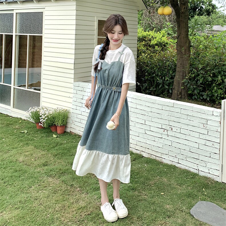 法式接接假两件牛仔连衣裙女夏2024新款收腰显瘦气质鱼尾裙小清新,女装连衣裙,2C098