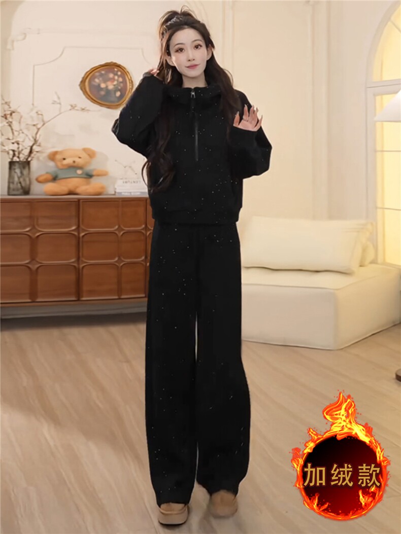 韩系简约运动套装女秋冬新款双口袋拉链开衫连帽卫衣直筒裤两件套,女装套装/套裙,江南