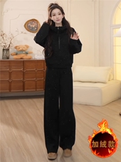 韩系简约运动套装女秋冬新款双口袋拉链开衫连帽卫衣直筒裤两件套，女装套装/套裙，江南