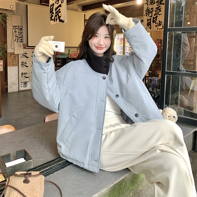 设计感针织拼接立领羽绒服女2024冬新款宽松加厚保暖白鸭绒短外套,女装羽绒服,2C129