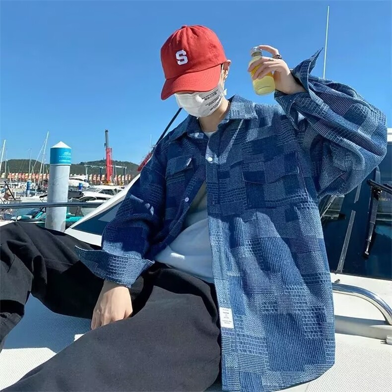 港风复古工装牛仔衬衫男潮牌水洗做旧上衣长袖宽松薄款格子外套潮,男装衬衫,星座1210-1
